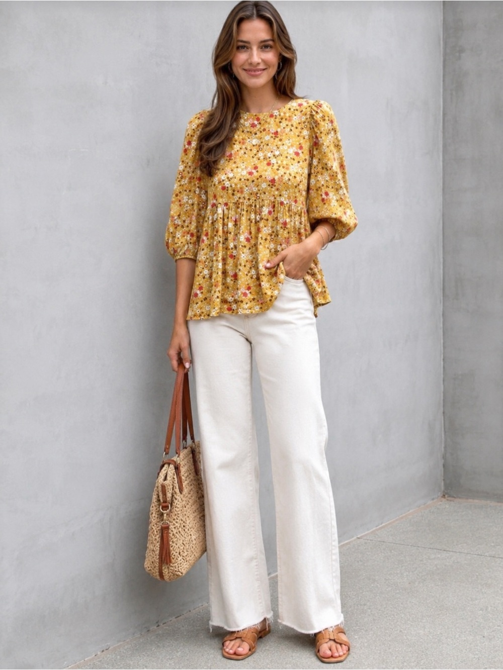 VICI Floral Babydoll Peplum Mustard  Mini floral Yellow Boho Cottagecore Top - Picture 3 of 11